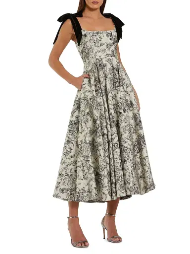 Mac Duggal Women's Brocade Bow A-Line Midi-Dress - Black Multi - Size 14 | Thumbnail 1