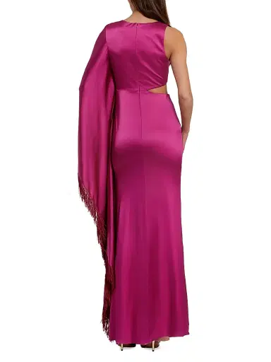 Mac Duggal Women's Charmeuse Asymmetric Fringe Cut-Out Gown | Thumbnail 2 Mac Duggal Women's Charmeuse Asymmetric Fringe Cut-Out Gown | Thumbnail 2