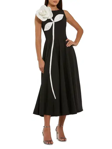 Mac Duggal Women's Floral Appliqué Crepe A-Line Midi-Dress - Black Ivory - Size 16 | Thumbnail 1 Mac Duggal Women's Floral Appliqué Crepe A-Line Midi-Dress - Black Ivory - Size 16 | Thumbnail 1