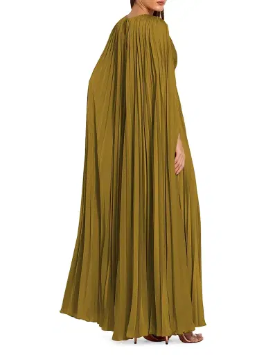 Mac Duggal Women's Petite Ieena 1 Pleated Satin A-Line Cape Gown - Chartreuse - Size Petite 14 | Thumbnail 2