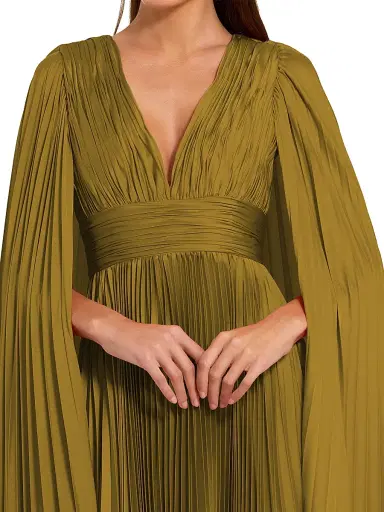 Mac Duggal Women's Petite Ieena 1 Pleated Satin A-Line Cape Gown - Chartreuse - Size Petite 14 | Thumbnail 3