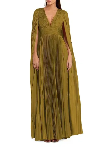 Mac Duggal Women's Petite Ieena 1 Pleated Satin A-Line Cape Gown - Chartreuse - Size Petite 14 | Thumbnail 1