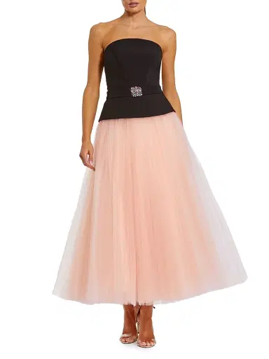 Mac Duggal Women's Crepe Tulle Fit-&-Flare Midi-Dress - Black Pink - Size 14 | Thumbnail 1 Mac Duggal Women's Crepe Tulle Fit-&-Flare Midi-Dress - Black Pink - Size 14 | Thumbnail 1