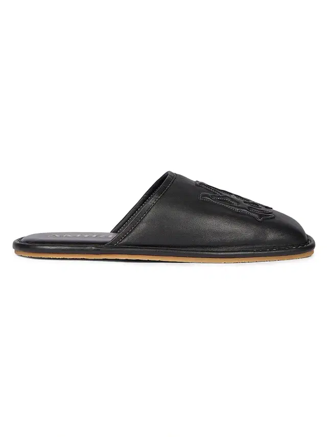Men's MA Logo Embossed Leather Mules - Black