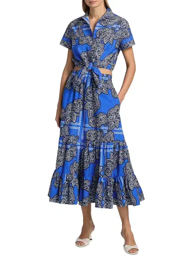 Cara Cara Women's Chase Floral Cotton Tiered Midi-Skirt - Carved Petals Cobalt - Size Medium | Thumbnail 2