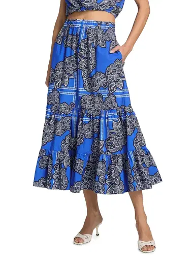 Cara Cara Women's Chase Floral Cotton Tiered Midi-Skirt - Carved Petals Cobalt - Size Medium | Thumbnail 3