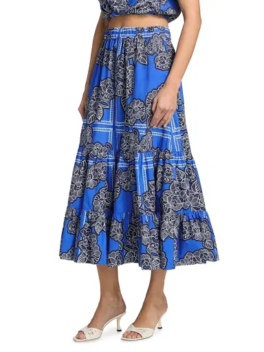 Cara Cara Women's Chase Floral Cotton Tiered Midi-Skirt - Carved Petals Cobalt - Size Medium | Thumbnail 4