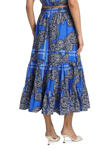 Cara Cara Women's Chase Floral Cotton Tiered Midi-Skirt - Carved Petals Cobalt - Size Large | Thumbnail 5