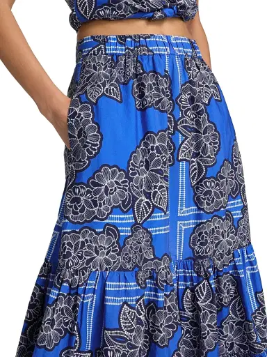 Cara Cara Women's Chase Floral Cotton Tiered Midi-Skirt - Carved Petals Cobalt - Size Medium | Thumbnail 6