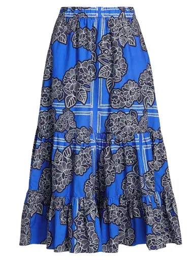 Cara Cara Women's Chase Floral Cotton Tiered Midi-Skirt - Carved Petals Cobalt - Size Medium | Thumbnail 1