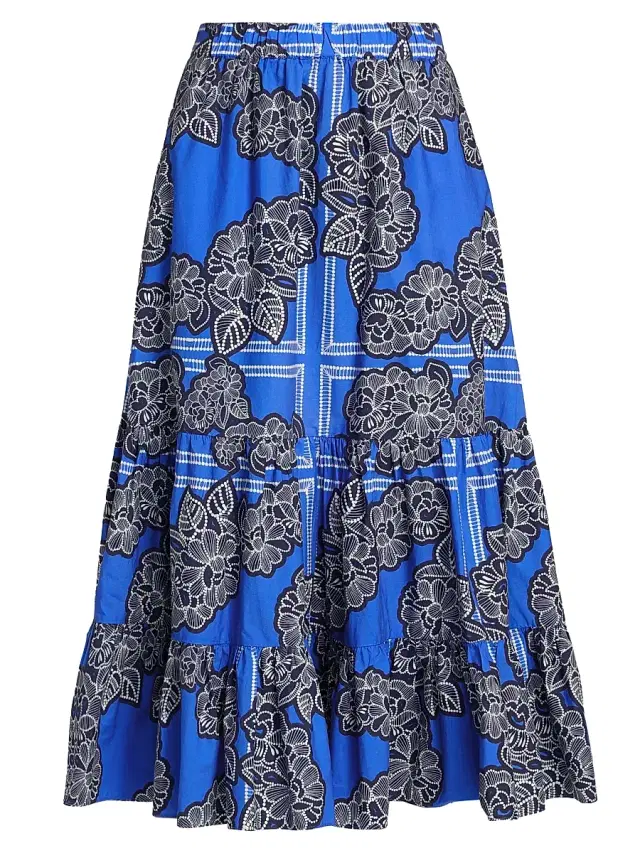 Women's Chase Floral Cotton Tiered Midi-Skirt - Carved Petals Cobalt