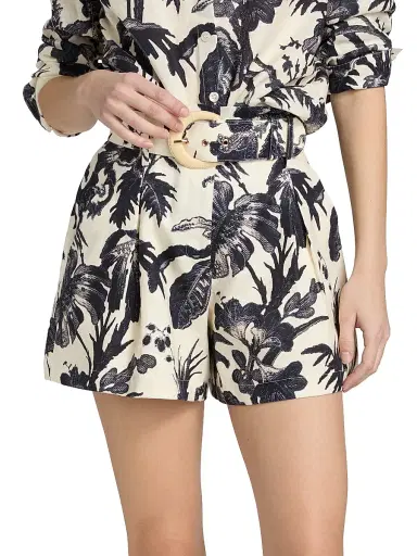 Cara Cara Women's Palmer Leaf-Print Linen Shorts - Fauna Floral Navy - Size 14 | Thumbnail 3