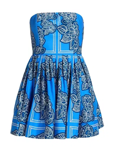 Cara Cara Women's Torres Floral Strapless Cotton Minidress - Carved Petals Cobalt - Size 14 | Thumbnail 1
