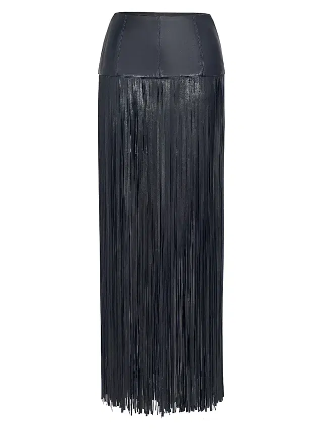 Women's Tangled Up Leather Fringe Maxi Skirt - Midnight