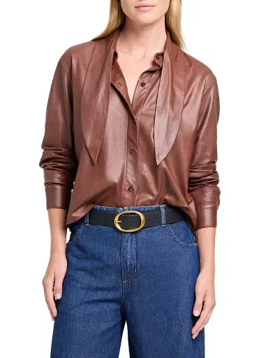 TWP Women's Tieneck Leather Shirt - Cigar | Thumbnail 3