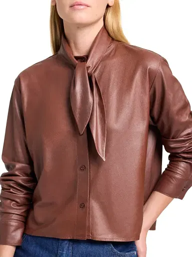 TWP Women's Tieneck Leather Shirt - Cigar | Thumbnail 6