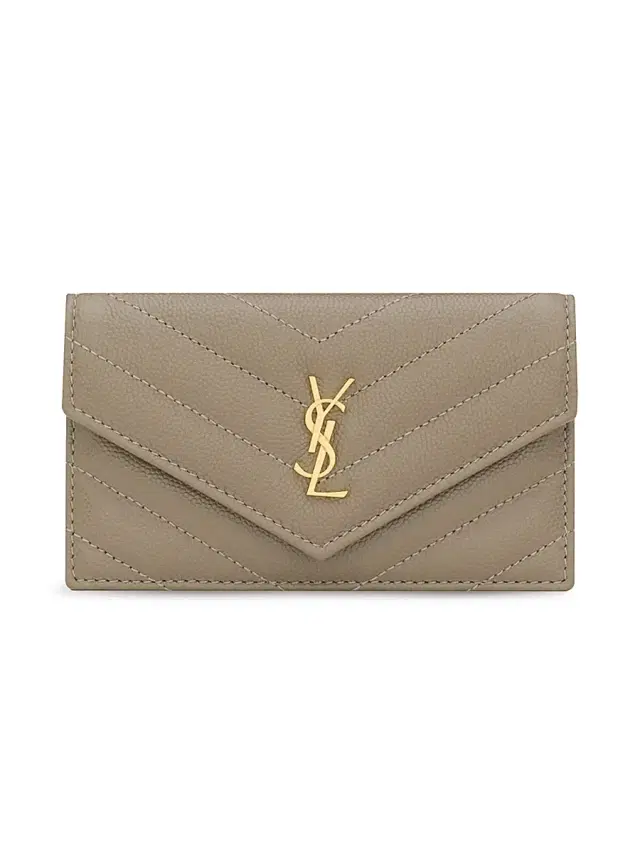 Saint Laurent Women's Cassandre Fragments Flap Card Case in Grain De Poudre Leather - Light Taupe