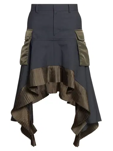 sacai Women's Suiting-Nylon Twill Handkerchief Hem Midi-Skirt - Grayd Khaki | Thumbnail 1 sacai Women's Suiting-Nylon Twill Handkerchief Hem Midi-Skirt - Grayd Khaki | Thumbnail 1