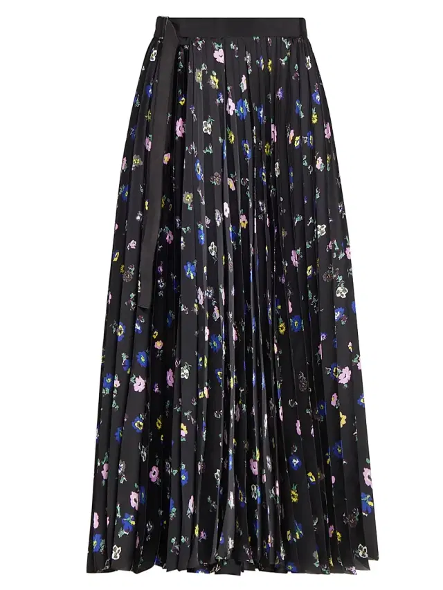 Women's Floral Pleated A-Line Midi-Skirt - Black