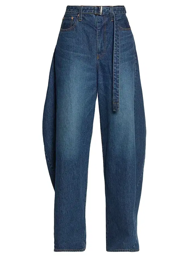 Women's Belted Barrel-Leg Jeans - Blue
