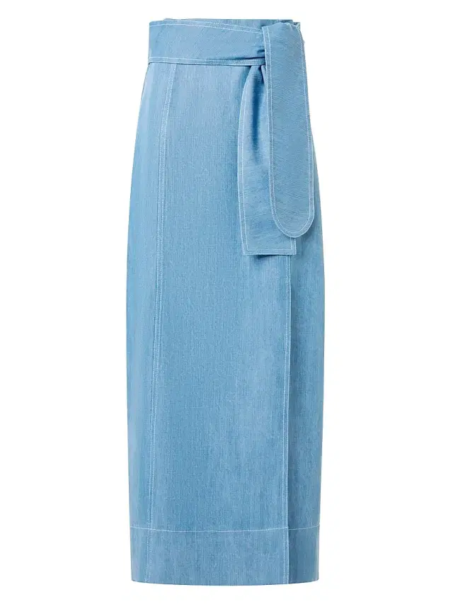 Women's Wrap-Style Denim Midi-Skirt - Sky Blue Denim