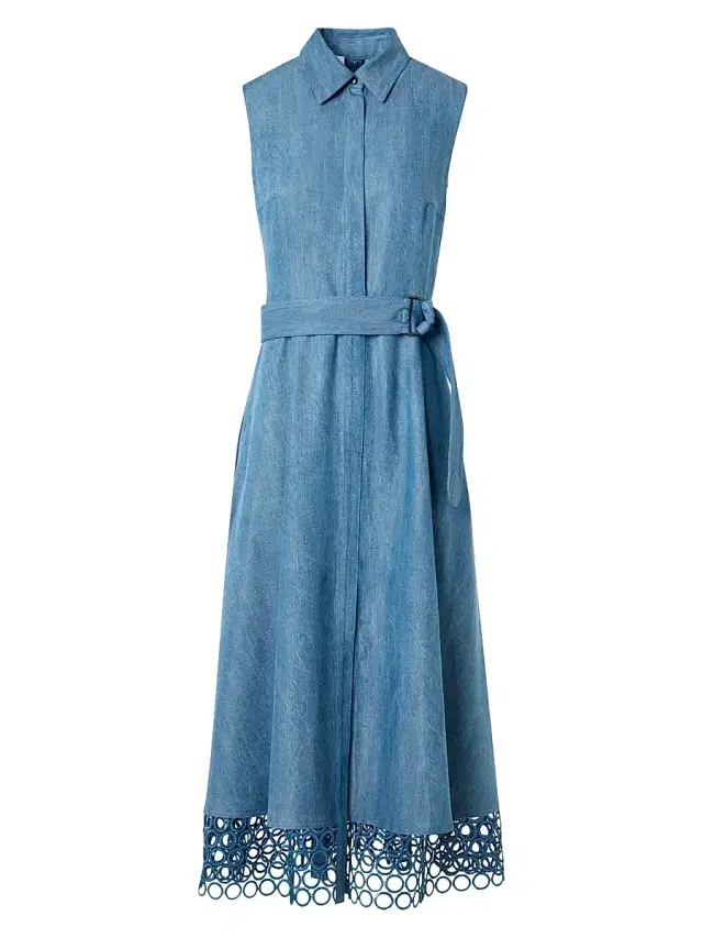 Akris punto Women's Guipure Washed-Denim Belted Midi-Dress - Medium Blue Denim