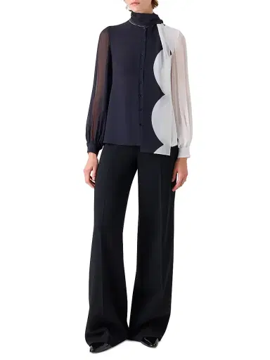 Akris Women's Tieneck Colorblocked Silk Blouse - Black Ecru - Size 8 | Thumbnail 2