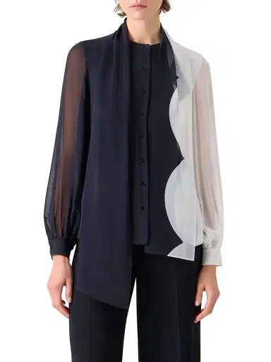 Akris Women's Tieneck Colorblocked Silk Blouse - Black Ecru - Size 8 | Thumbnail 3