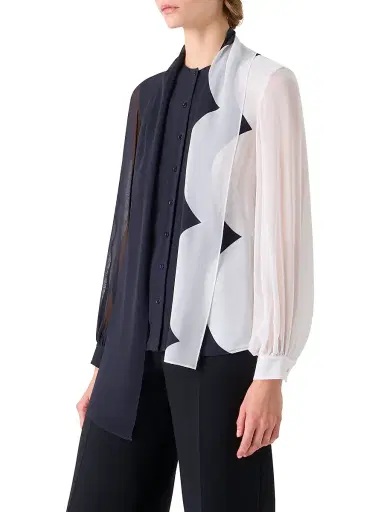 Akris Women's Tieneck Colorblocked Silk Blouse - Black Ecru - Size 8 | Thumbnail 4
