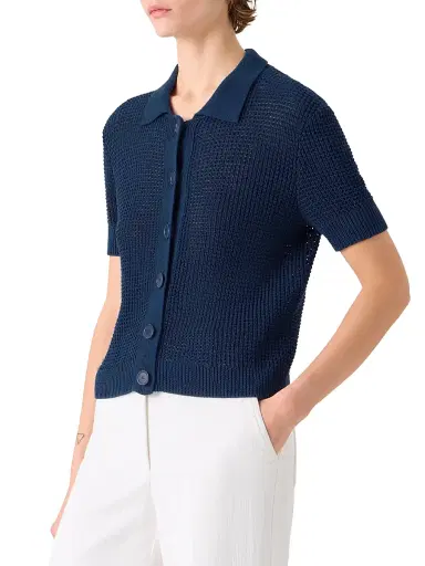 Akris punto Women's Linen/Cotton Open-Knit Short-Sleeve Cardigan - Dark Blue | Thumbnail 4 Akris punto Women's Linen/Cotton Open-Knit Short-Sleeve Cardigan - Dark Blue | Thumbnail 4