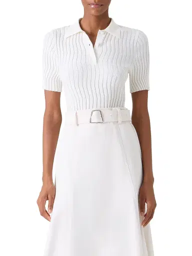 Akris Women's Wave Rib-Knit Stretch Silk-Cotton Polo Top - Ecru - Size 14 | Thumbnail 3