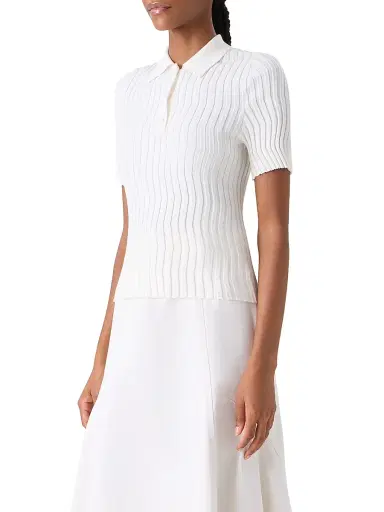 Akris Women's Wave Rib-Knit Stretch Silk-Cotton Polo Top - Ecru - Size 14 | Thumbnail 4