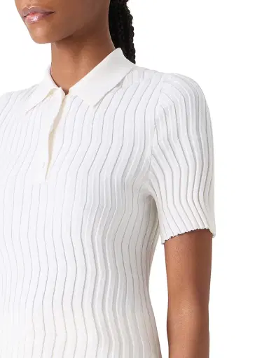 Akris Women's Wave Rib-Knit Stretch Silk-Cotton Polo Top - Ecru - Size 14 | Thumbnail 6
