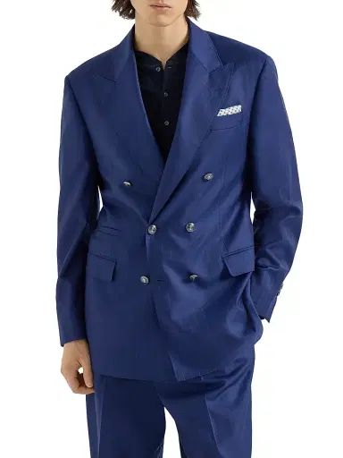 Brunello Cucinelli Men's Virgin Wool Batavia One and a Half Breasted Tailor Blazer with Metal Buttons - Royale Blue - Size 42 | Thumbnail 1