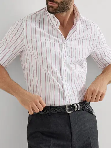 Brunello Cucinelli Men's Multistripe Poplin Basic Fit Shirt with Button Down Collar - White | Thumbnail 5 Brunello Cucinelli Men's Multistripe Poplin Basic Fit Shirt with Button Down Collar - White | Thumbnail 5