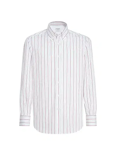 Brunello Cucinelli Men's Multistripe Poplin Basic Fit Shirt with Button Down Collar - White | Thumbnail 1 Brunello Cucinelli Men's Multistripe Poplin Basic Fit Shirt with Button Down Collar - White | Thumbnail 1