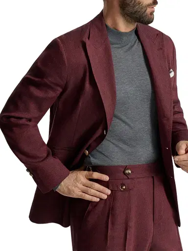 Brunello Cucinelli Men's Linen and Virgin Wool Chevron Deconstructed Blazer with Peak Lapels - Cherry - Size 36 | Thumbnail 5
