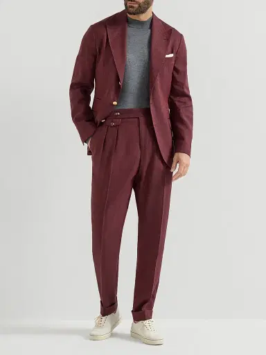 Brunello Cucinelli Men's Linen and Virgin Wool Chevron Deconstructed Blazer with Peak Lapels - Cherry - Size 36 | Thumbnail 6