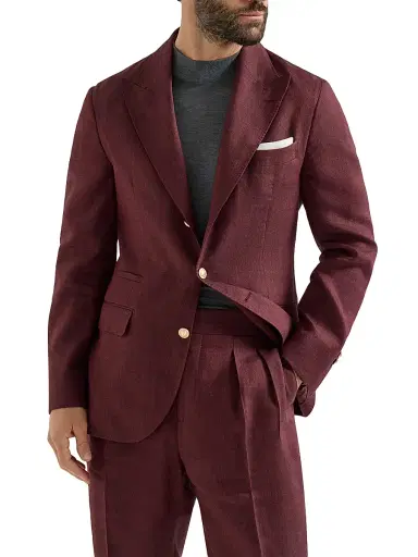 Brunello Cucinelli Men's Linen and Virgin Wool Chevron Deconstructed Blazer with Peak Lapels - Cherry - Size 36 | Thumbnail 1