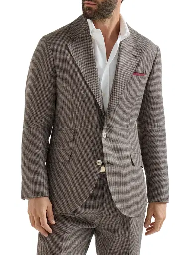 Brunello Cucinelli Men's Linen Houndstooth Deconstructed Cavallo Blazer - Hazelnut - Size 48 | Thumbnail 1 Brunello Cucinelli Men's Linen Houndstooth Deconstructed Cavallo Blazer - Hazelnut - Size 48 | Thumbnail 1
