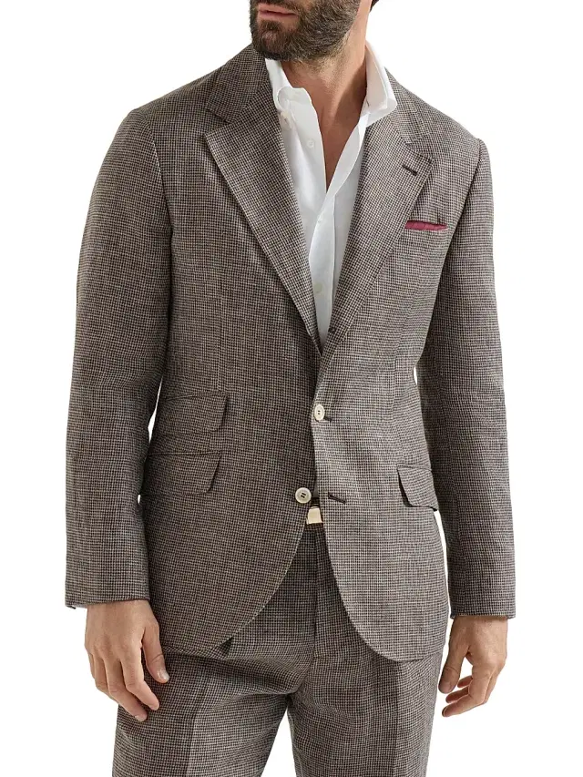 Brunello Cucinelli Men's Linen Houndstooth Deconstructed Cavallo Blazer - Hazelnut