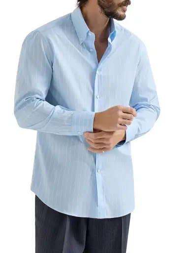 Brunello Cucinelli Men's Striped Poplin Basic Fit Shirt with Button Down Collar - Azure | Thumbnail 2