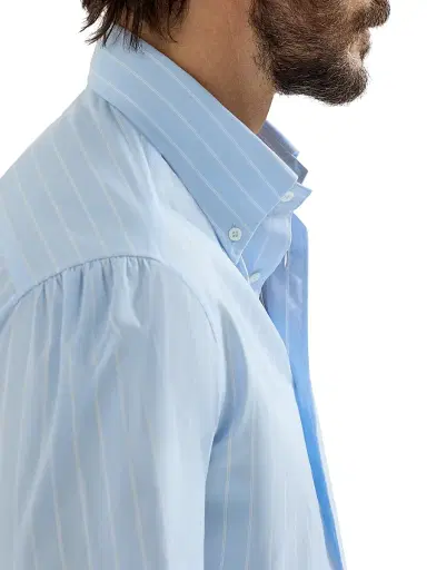 Brunello Cucinelli Men's Striped Poplin Basic Fit Shirt with Button Down Collar - Azure | Thumbnail 4