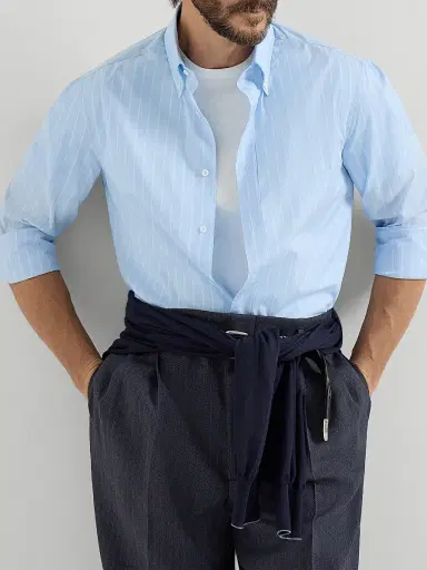 Brunello Cucinelli Men's Striped Poplin Basic Fit Shirt with Button Down Collar - Azure | Thumbnail 5