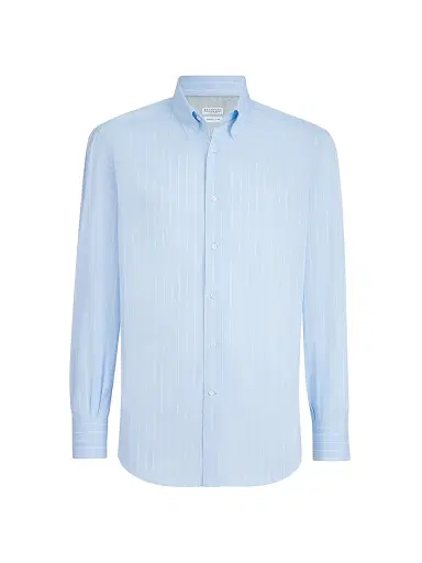 Brunello Cucinelli Men's Striped Poplin Basic Fit Shirt with Button Down Collar - Azure | Thumbnail 1