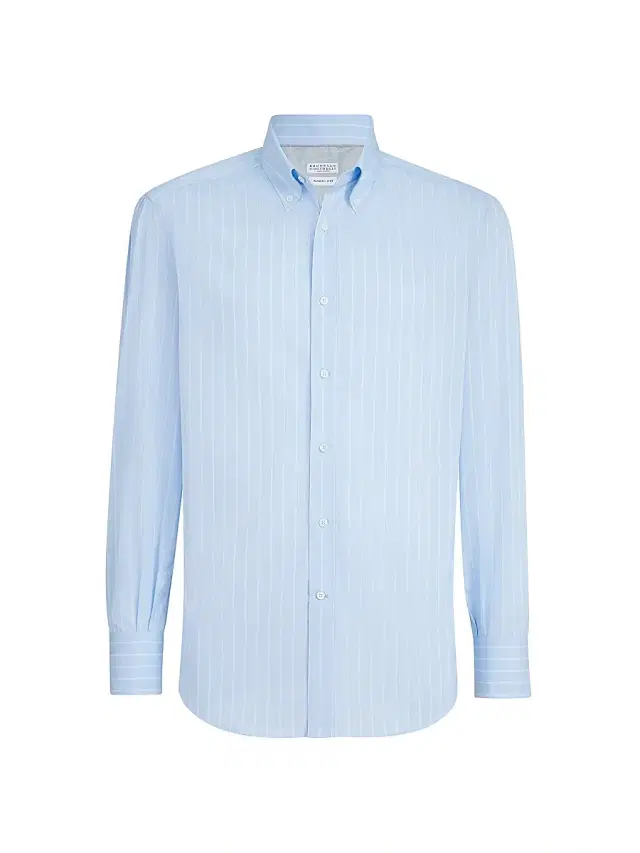 Men's Striped Poplin Basic Fit Shirt with Button Down Collar - Azure