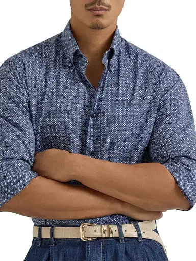Brunello Cucinelli Men's Flower Print Twill Basic Fit Shirt with Button Down Collar - Denim - Size XXXL | Thumbnail 4 Brunello Cucinelli Men's Flower Print Twill Basic Fit Shirt with Button Down Collar - Denim - Size XXXL | Thumbnail 4