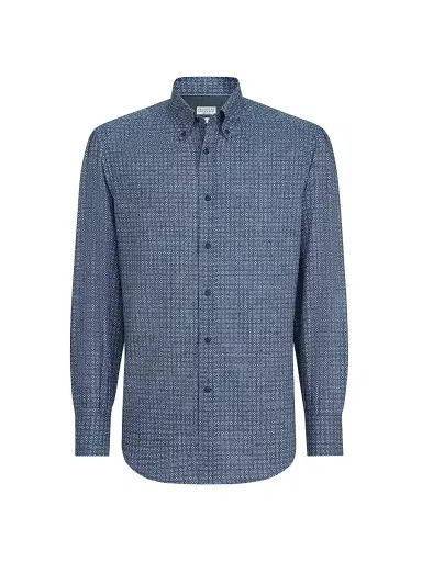 Brunello Cucinelli Men's Flower Print Twill Basic Fit Shirt with Button Down Collar - Denim - Size XXXL | Thumbnail 1 Brunello Cucinelli Men's Flower Print Twill Basic Fit Shirt with Button Down Collar - Denim - Size XXXL | Thumbnail 1