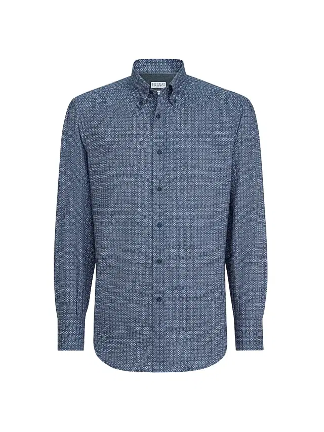 Brunello Cucinelli Men's Flower Print Twill Basic Fit Shirt with Button Down Collar - Denim