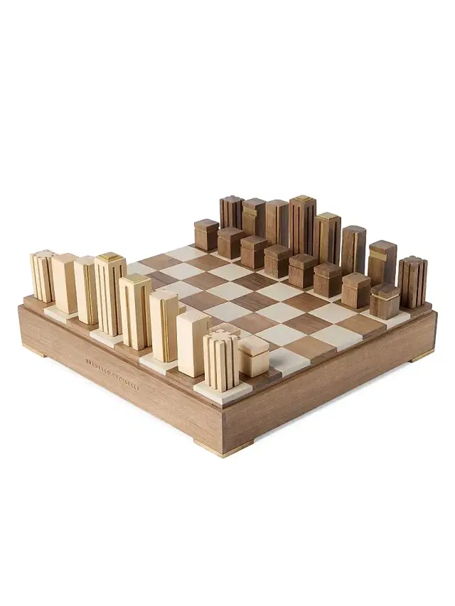 Brunello Cucinelli Walnut Wood, Sandstone and Brass Chess Set - Beige